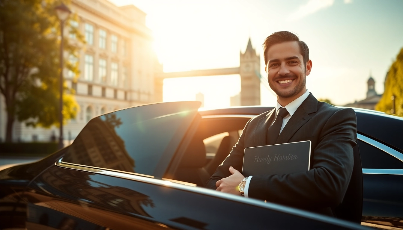 Experience a private chauffeur london service with a professional driver in a luxury car outside a London landmark.