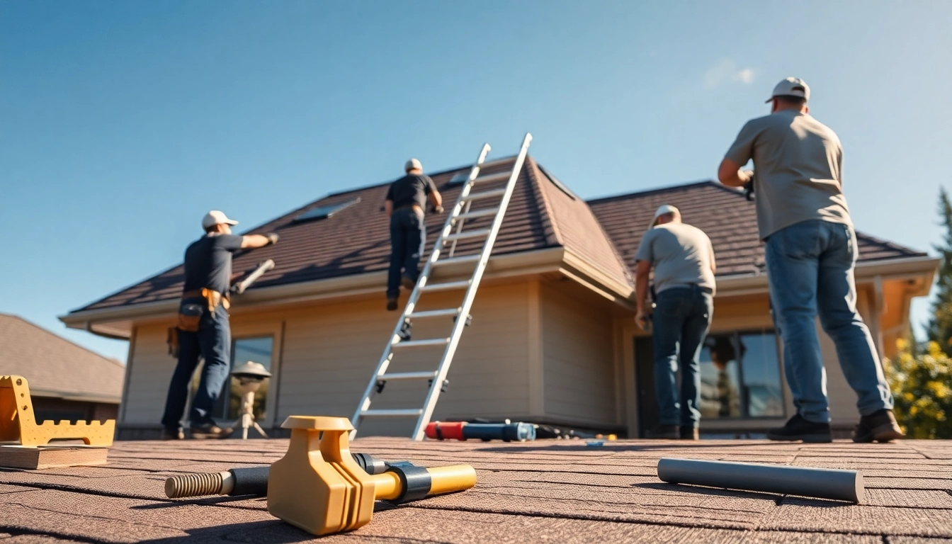 Team performing Roofing Replacement Portland Oregon on a bright sunny day with textured shingles.