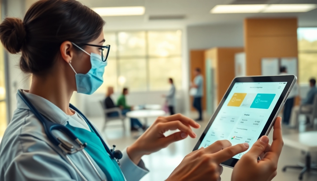 Healthcare provider demonstrating free eprescription apps on a tablet in a modern clinic.