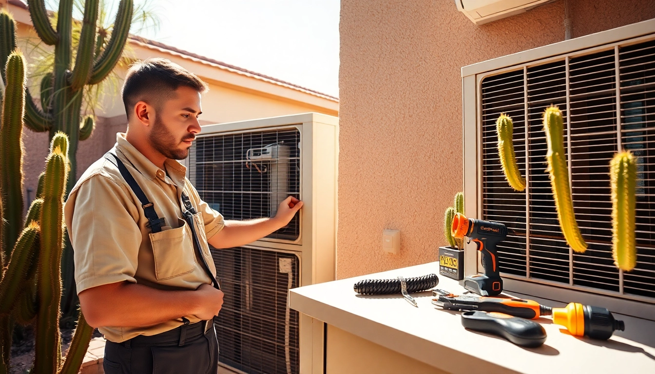 Expert AC repair in Phoenix AZ with a technician working on an air conditioning unit in a sunny backyard.
