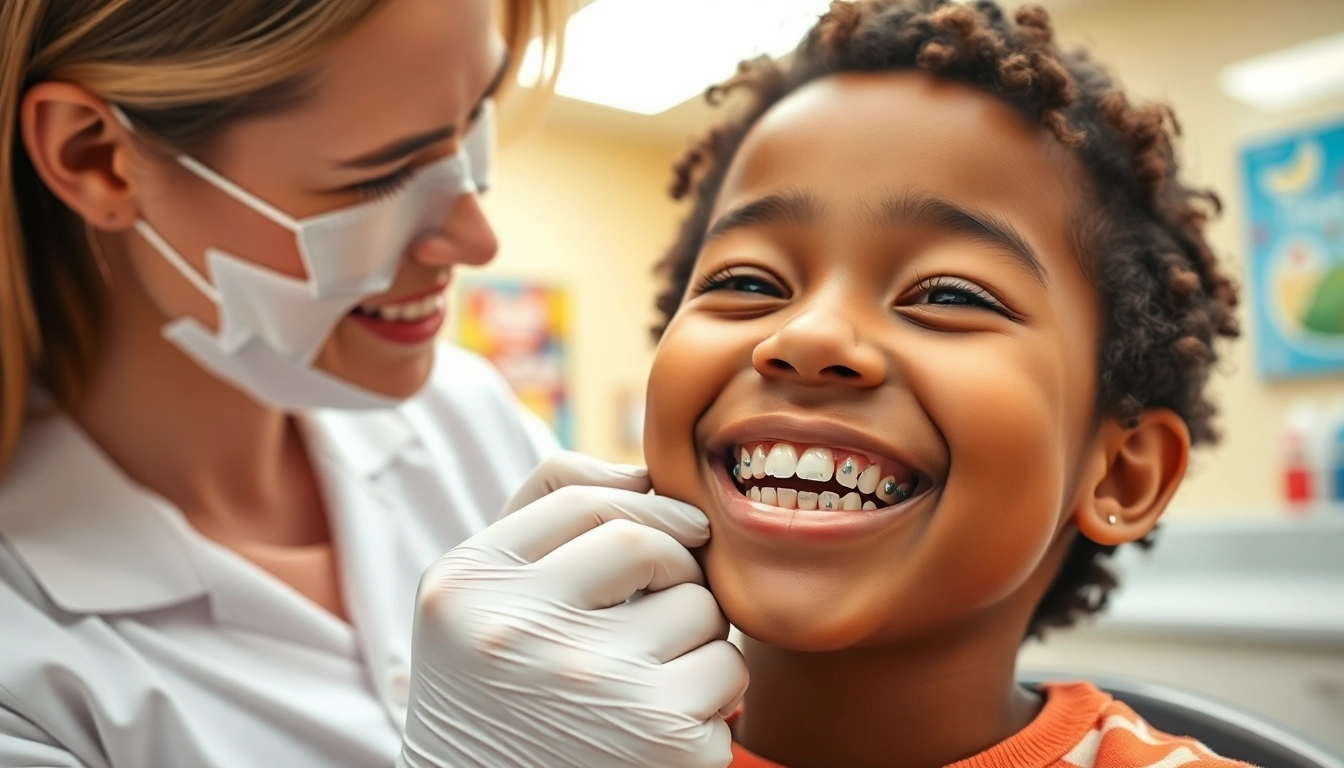 Orthodontist fitting braces Myrtle Beach on a smiling child in a bright clinic environment.