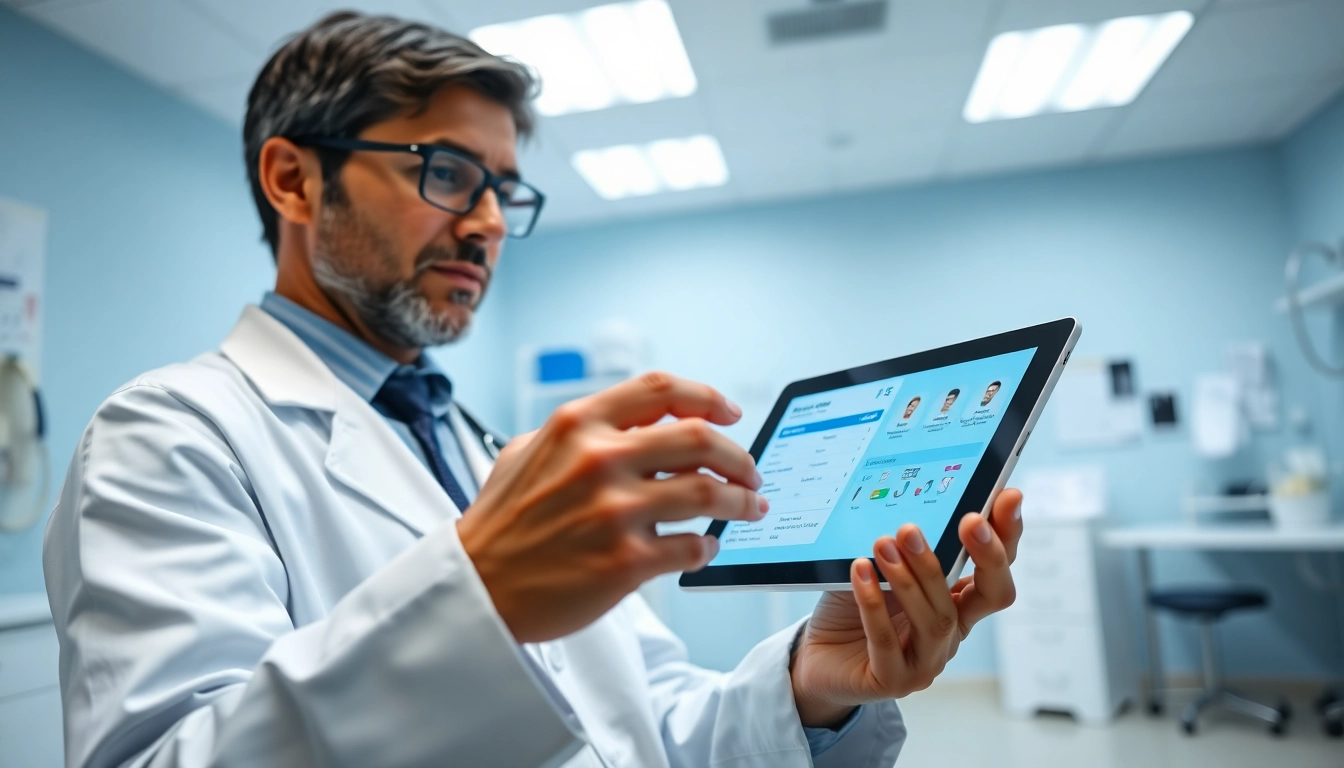 Using eprescribing software for doctors, a physician interacts with a tablet in a professional clinic setting.