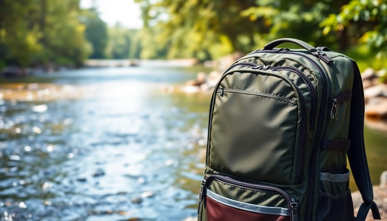 Photograph of a Fly fishing backpack highlighting its features by a river.